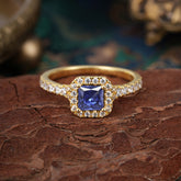 Princess Cut Tanzanite Engagement Ring Halo Half Eternity Pave Band